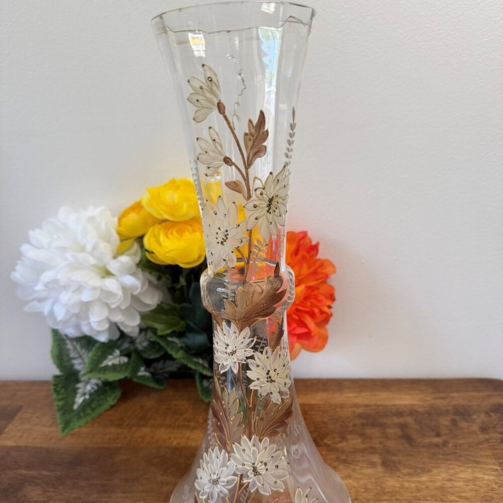 Victorian Hand Painted Clear Glass Vase Floral Enameled Tall Flower Vase Antique